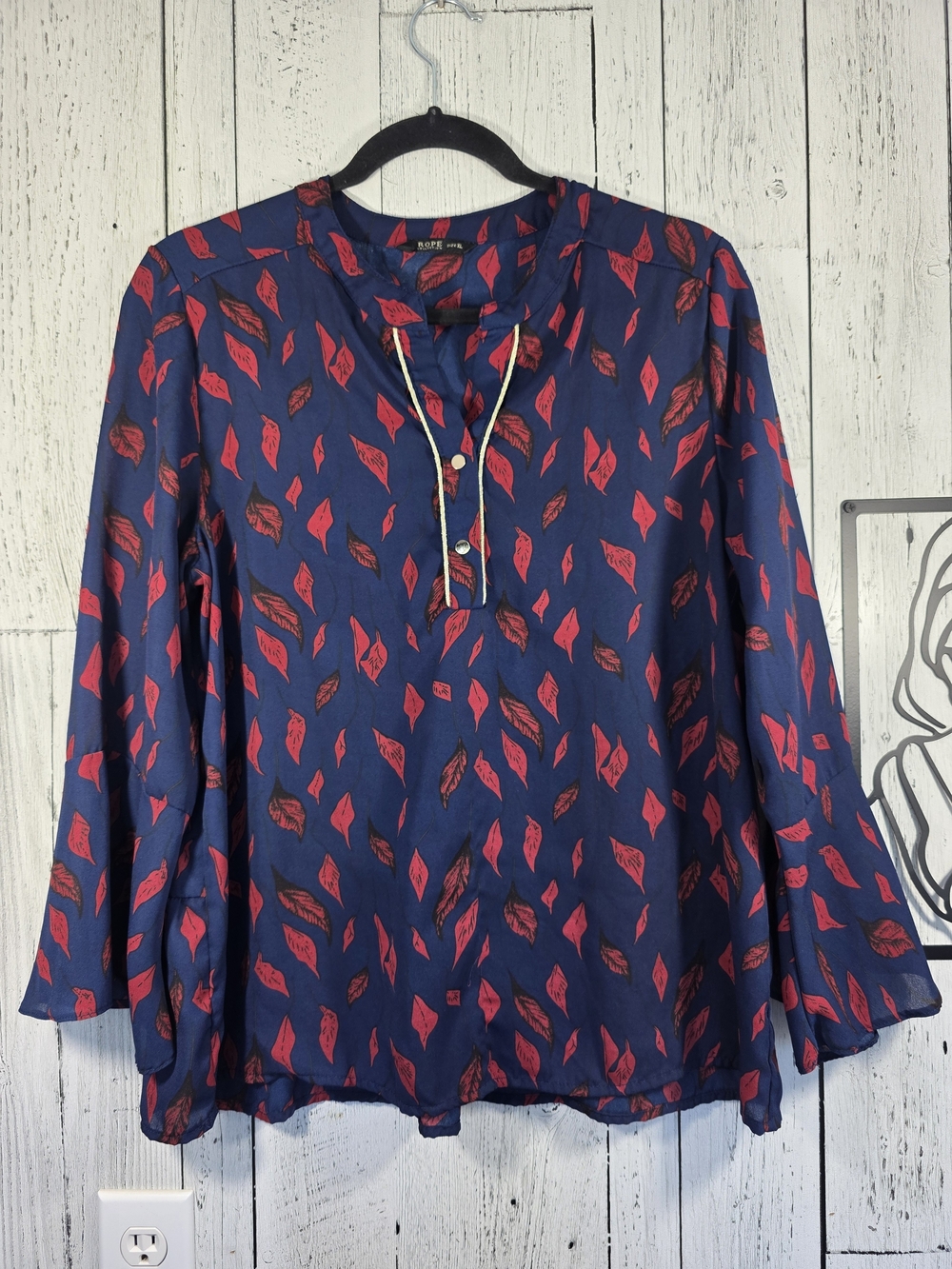 Rope Collection Blue Red Leaf Print Bell Sleeve Blouse XL